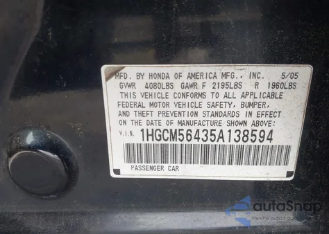 2005 Honda Accord 2.4 Lx from USA, damaged, VIN 1HGCM56435A138594